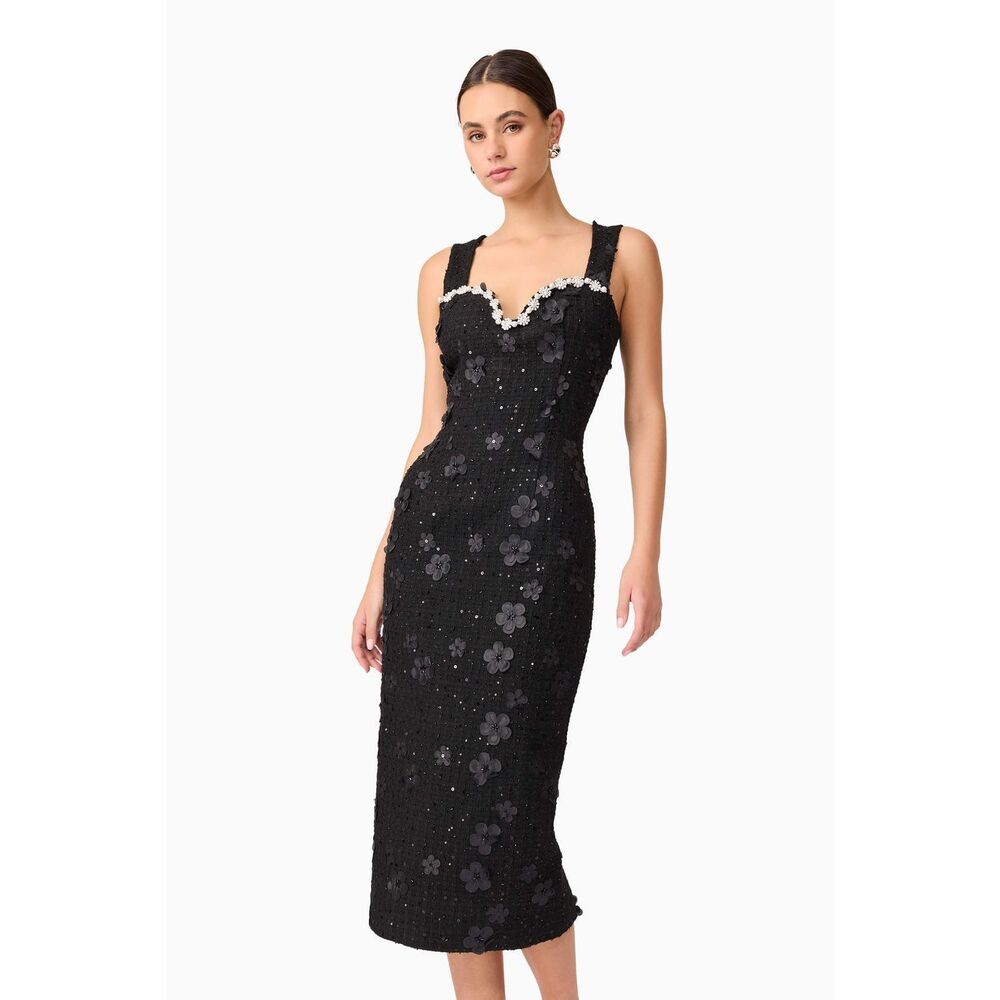 Elliatt Ellouise Embellished Tweed Midi Dress in Black Cocktail  size S NWT